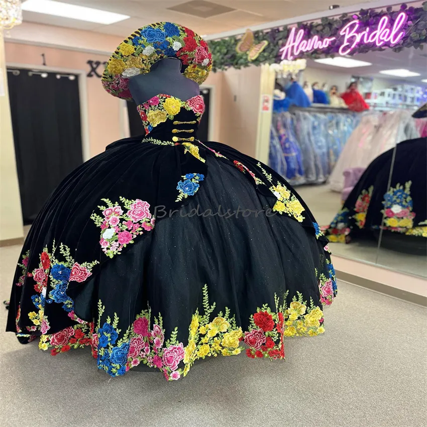 Vintage Mexican Black Quinceanera Dresses 2023 Colorful Flowers Puffy Gothic Prom Dress Corset Vestidos 15 Xv Anos Birthdy Party Sweet 16 Pageant