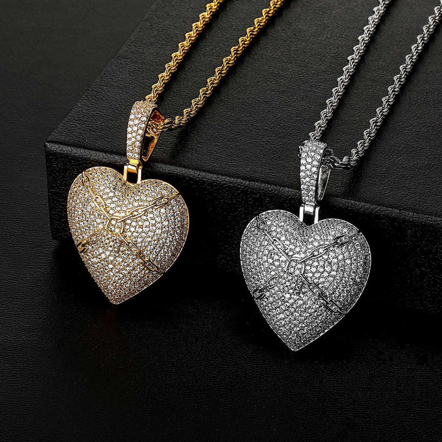 Hip Hop Zirconium Full Lock Love Heart Colgante Collar Cadena de eslabones para hombres y mujeres Rap Accesorios de moda 14k Joyas de oro real Piedras preciosas Bijoux Regalos