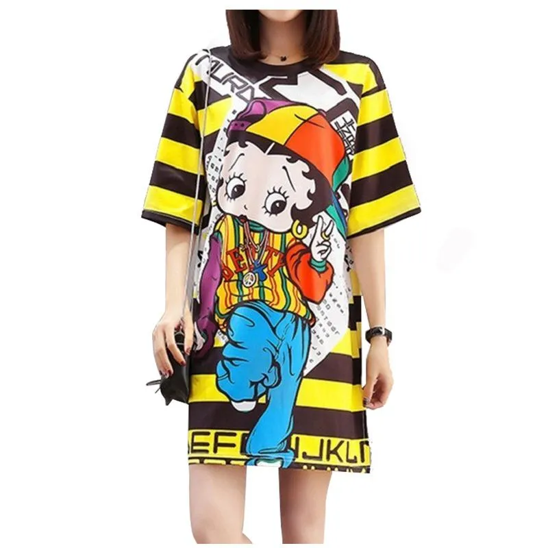 Vestidos 6 estilos padrão de desenhos animados mulheres vestido de verão 2022 impresso boneca amarelo listrado vestido t camisa de manga curta vestido animal cão qm068