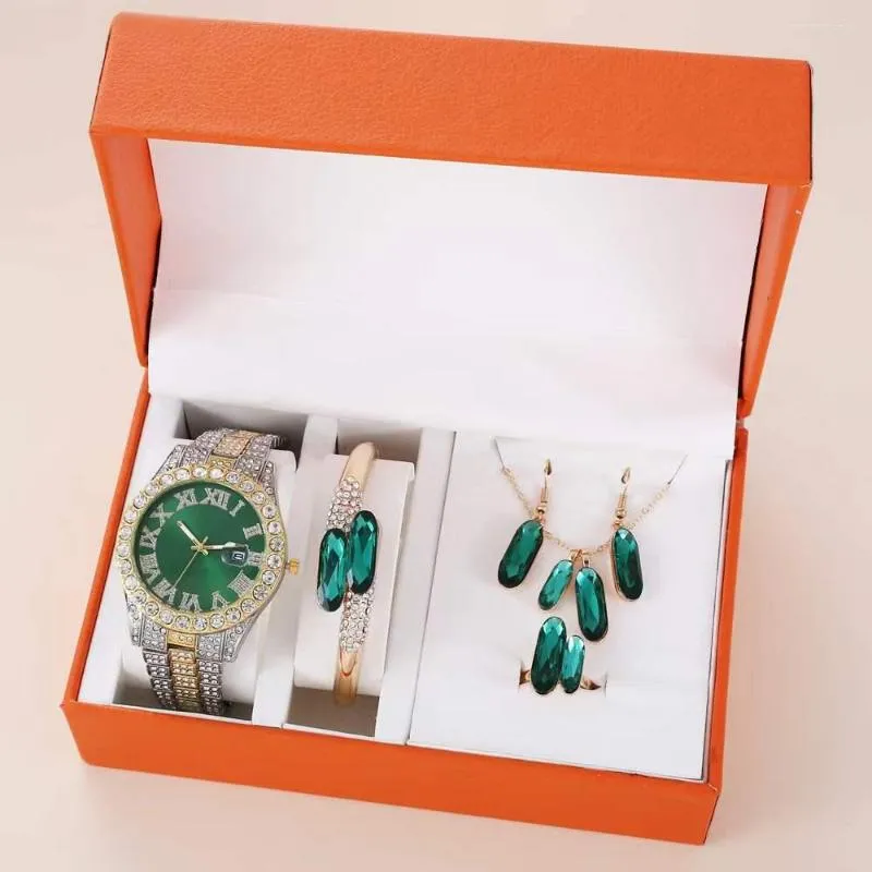 Polshorloges vrouwen kijken naar mode grote wijzerplaat dames kwarts kijken sieraden set groene ketting armband 5 stcs luxe geschenken voor vrouwelijk