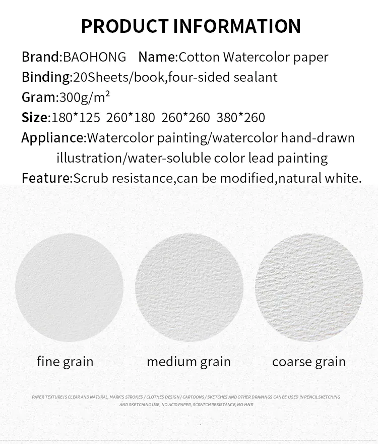 Baohong 100% Cotton Watercolor Paper 300g/m2 Large Size 20Sheet  Water-soluble Painting Fine/Medium/Coarse Grain Drawing Paper