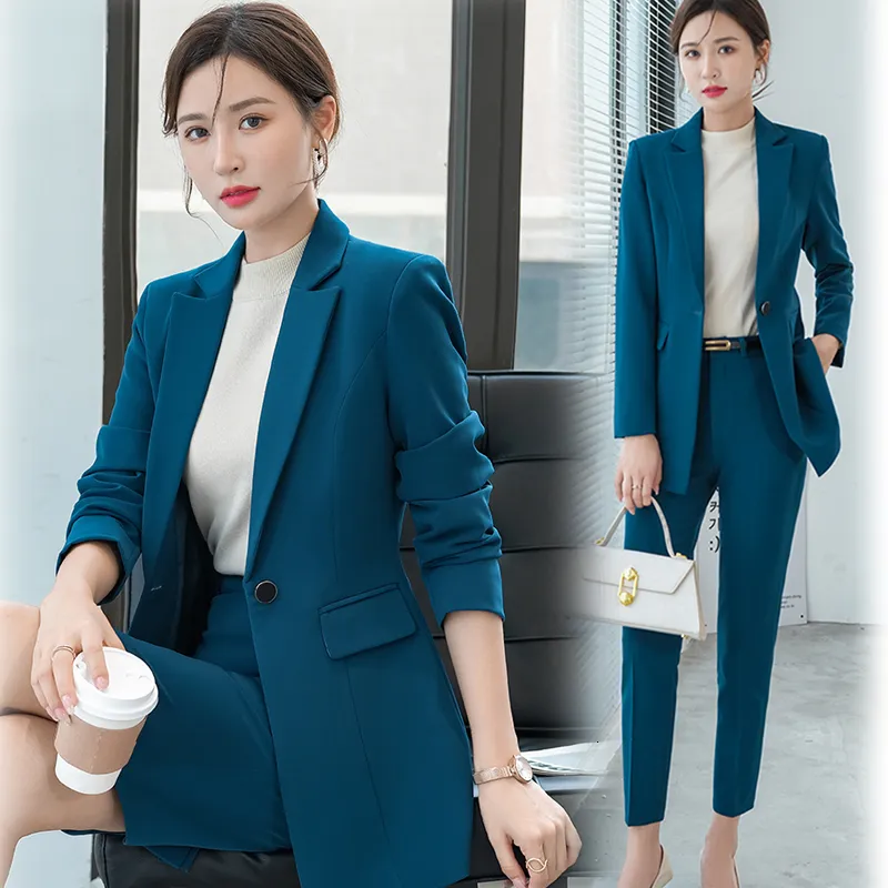 Trajes de mujer Blazers Corea otoño Formal Formal Blazer Amarillo Mujeres Suites de negocios con conjuntos Work Wear Office UNIFORMA Pantalones de gran tamaño 230426