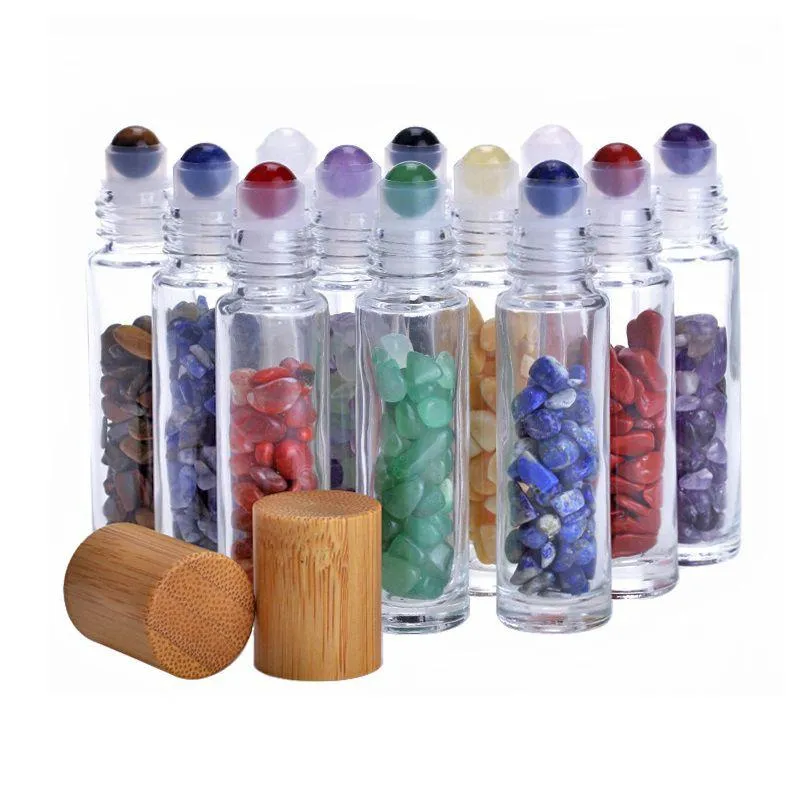 10ml Essential Oil Roll-on Bottles Glass Roll on Perfume Bottle with Crushed Natural Crystal Quartz Stone Crystal Roller Ball with Bamb Cksm