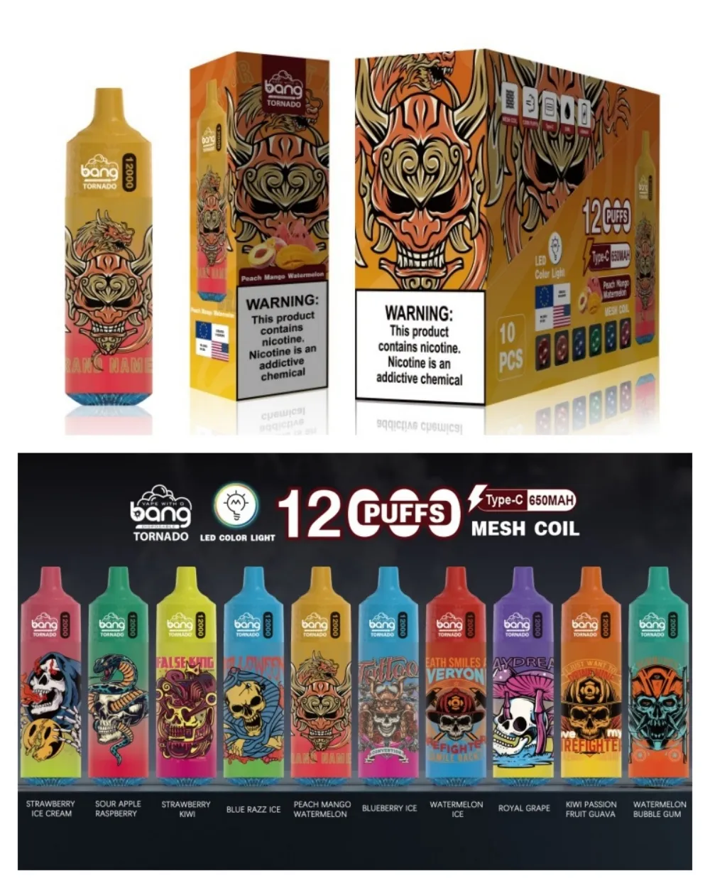 100% genuíno Bang TORNADO 12000 puffs Caneta vape descartável 12k puff vape bangbar 20ml cartuchos pré-cheios pod 650 mah bateria recarregável LED kit de cor clara