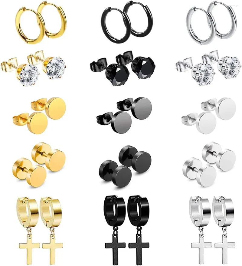 Hoop Earrings 15 Pairs Stainless Steel Stud Kit For Men Women Fashion Piercing Jewelry Cross Dangle Set Gifts