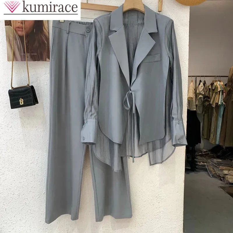 Kvinnors tvåbitar byxor Summer Hollow Sun Protection Chiffon Shirt Blazer Wide Leg Set Elegant Office Outfits 231124