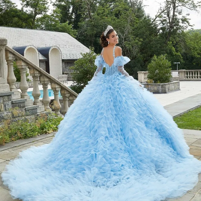 Hemelsblauwe Quinceanera Jurken Prinses Sweet 16 Years Girl Verjaardagsfeestje Jurken Applicaties Kant Kralen Tull Tiered Vestidos De 15 Quinceanera