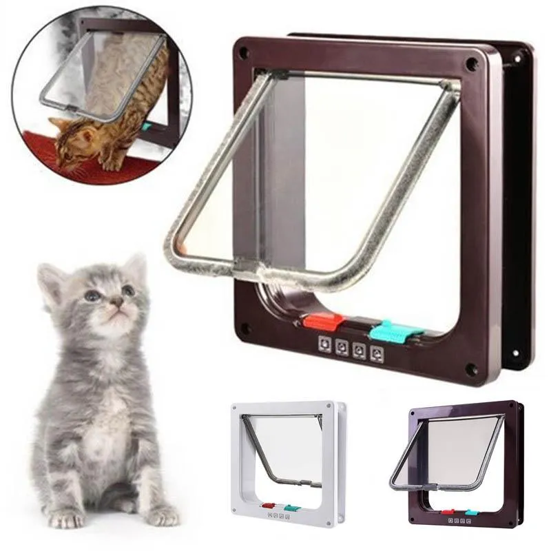 Cages Pet Door 4 Way Lockable Dog Cat Kitten Door Security Flap Door ABS Plastic S/M/L Animal Small Pet Cat Dog Gate Door Pet Supplies