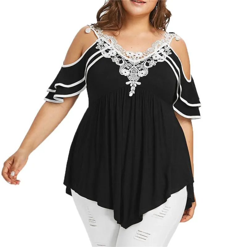 Tops 5XL Plus Size Tops Women Lace Patchwork T Shirt Summer Sexy Off Shoulder Casual Irregular Ruffles T shirts Loose Ladies Fold Tee