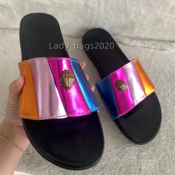 Kurt Geiger Flat Bottom Slippers Damen Splice Rainbow Sandalen Designer Schuhe Fashion Eagle Head Intarsed Diamond Slipper Summer Flat Beach Luxury Flip Flops