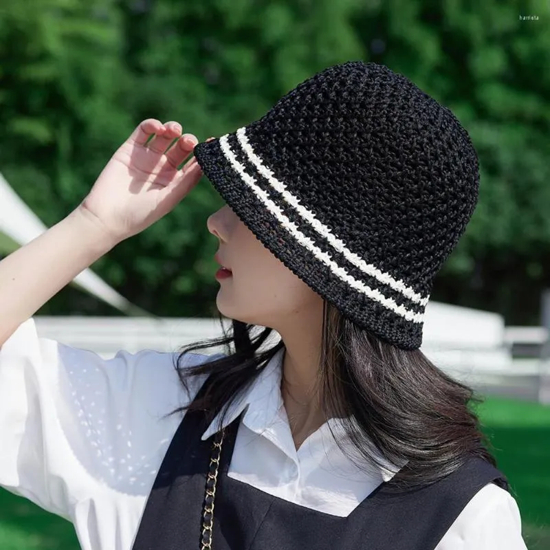 Breda randen hattar stilfulla damer hink hatt lapptäcke ränder virkla diskett topp sommarlätt dam solförsörjning