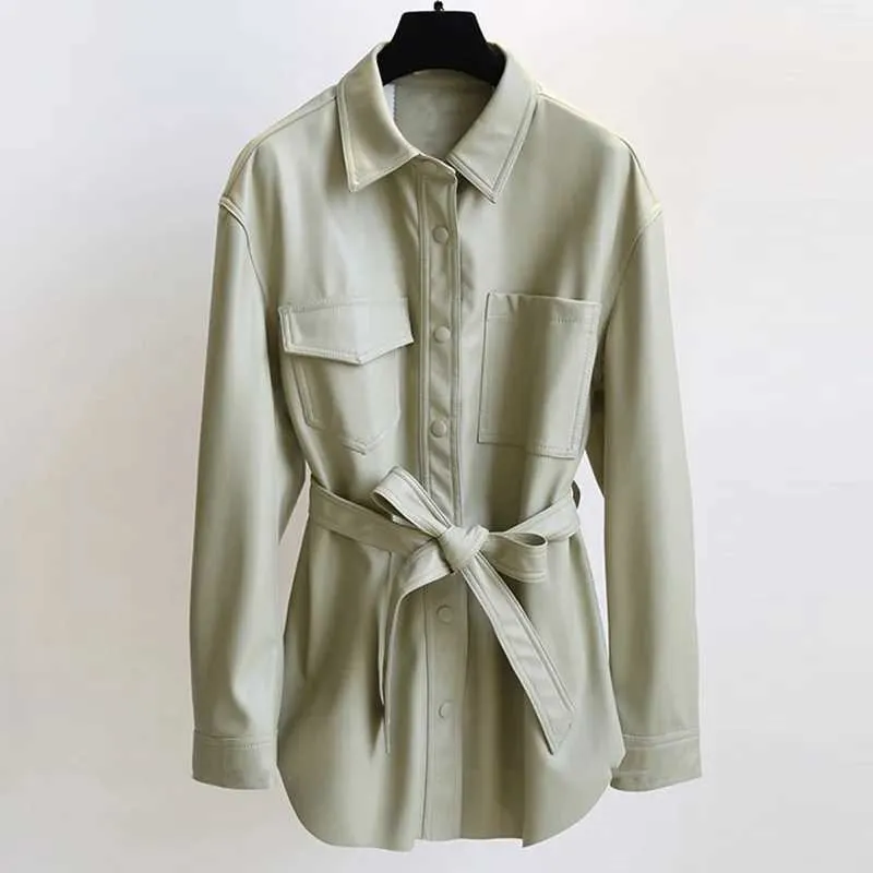 Spring Autumn Waistband Faux Leather Shirt Coat Women Button Up Loose Fit Soft Pu Long Blouses Jacket