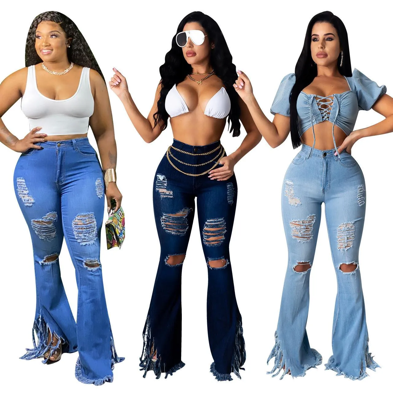 ジーンズ020 nowe modne dziurki tassel damskie jeansy klasyczne spodnie jeansowe z wysokim stanem