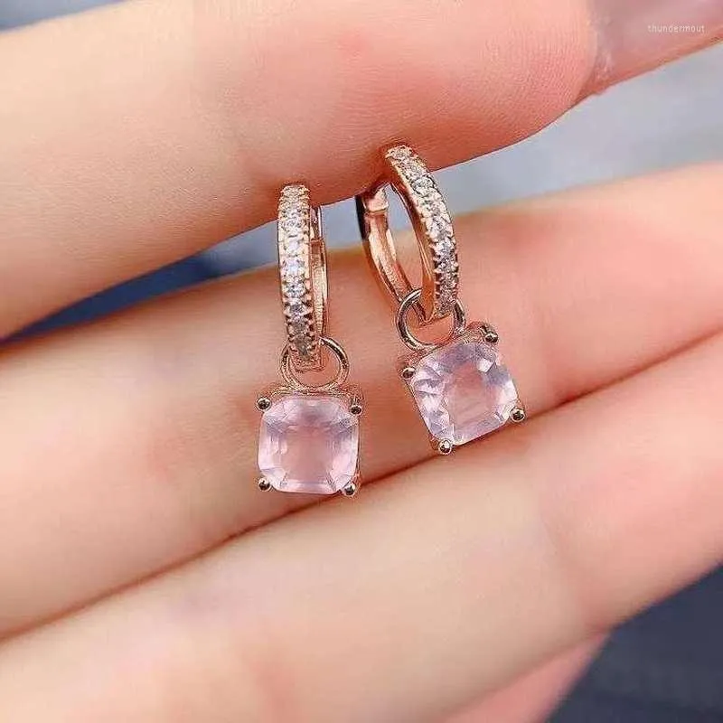 Boucles d'oreilles à tige en quartz rose naturel carré avec argent 925 pour femmes bijoux de luxe