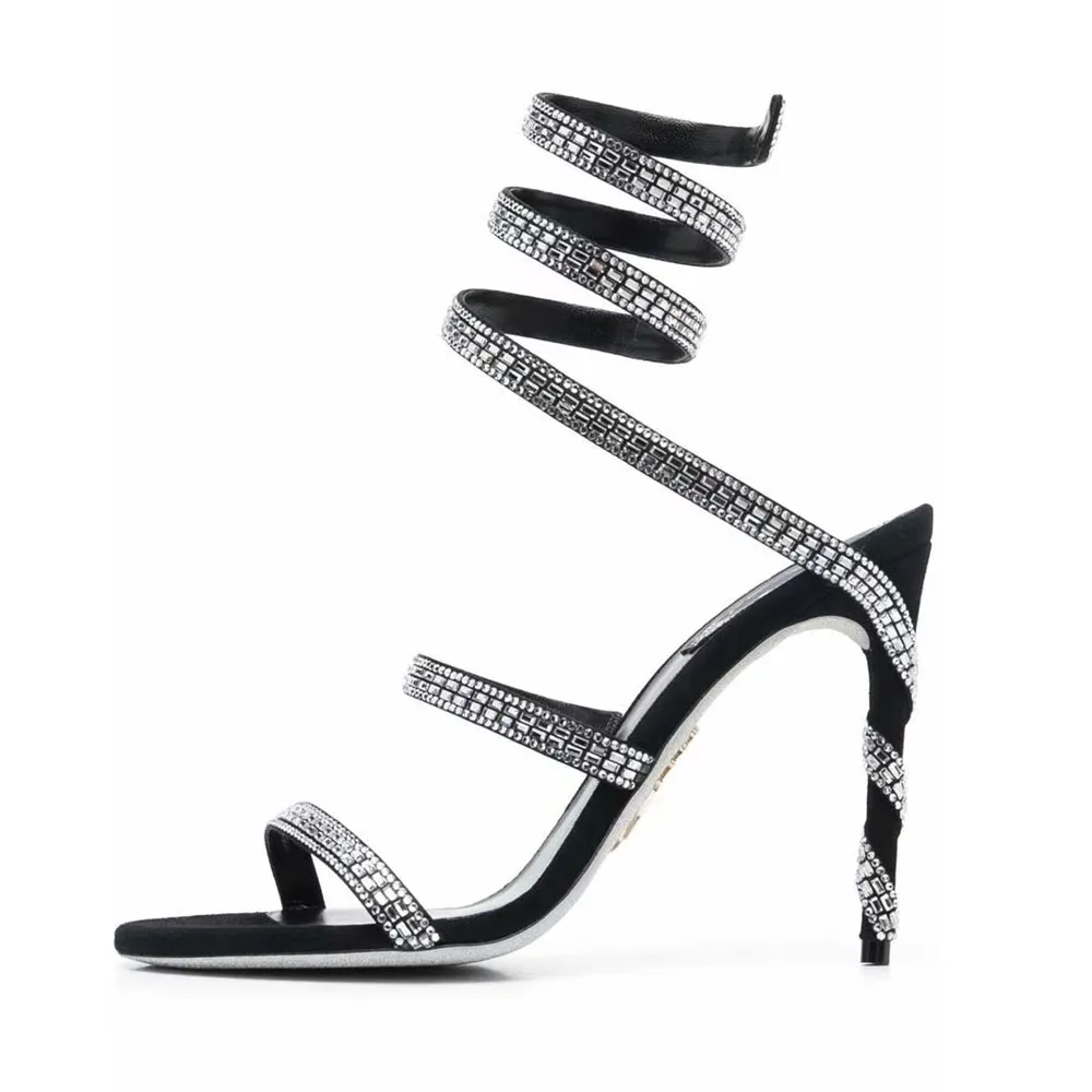 Rhinestone Snake Strass Stiletto Sandals Rene Caovilla Crystal-encrusted Cleo 95mm Evening Shoes Women's High Heels Ankle Wraparound Sandals women shoes heels