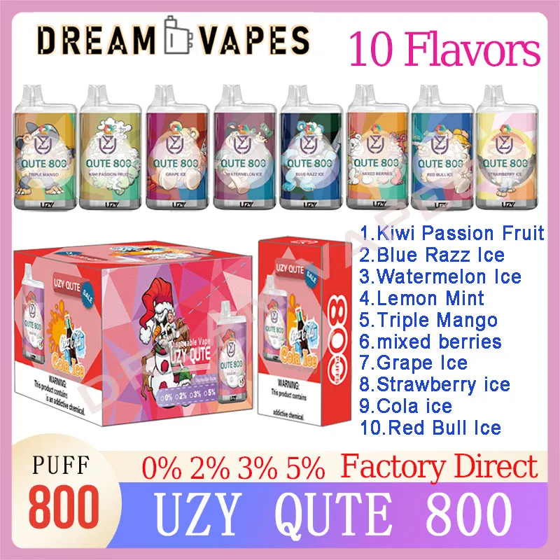 Original UZY Qute 800 Puff Disposable E Cigarettes Pod 1.2ohm Mesh Coil 3ml Pod 550 mAh Battery RGB Light Vape Pen Puff Plus 800 0% 2% 3% 5% Kit