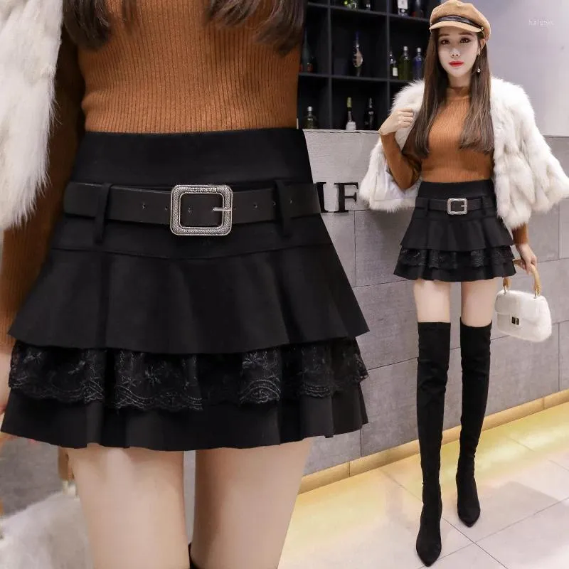 Юбки 2023, осенне-зимняя корейская модная темпераментная тонкая шерстяная кружевная юбка с высокой талией, торт DQ1107