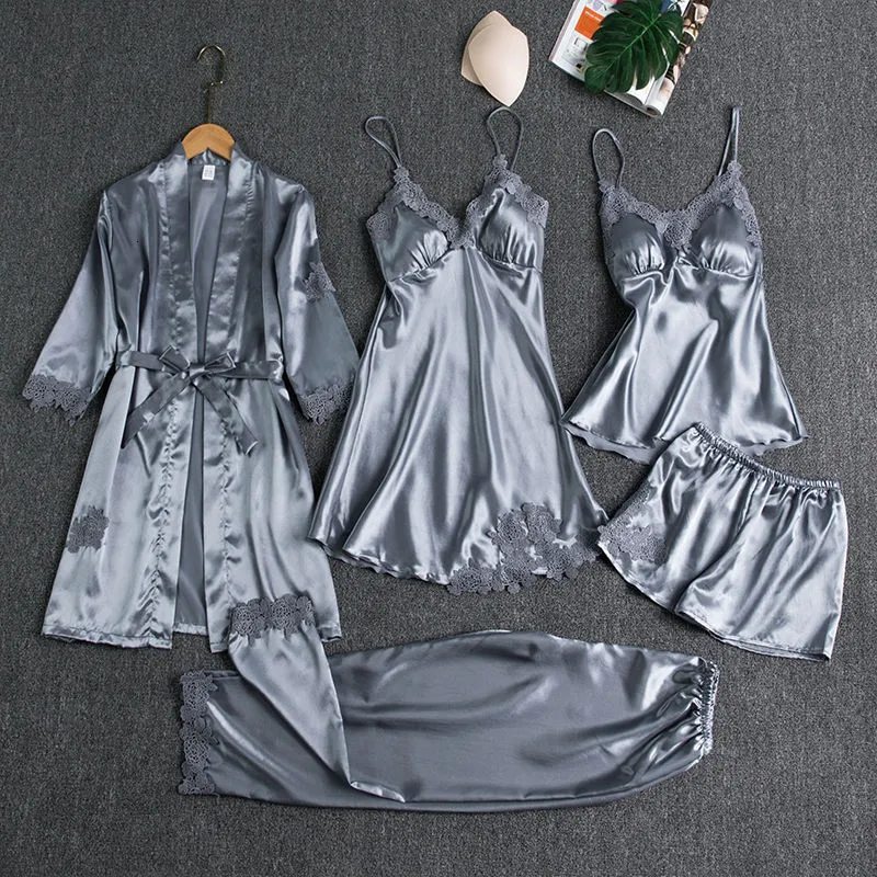 Women's Sleepwear Sleepwear Female 5PCS Pajamas Set Satin Pyjamamas Lace Patchwork Bridal Wedding Nightwear Rayon Home Wear Nighty Robe Suit 230425