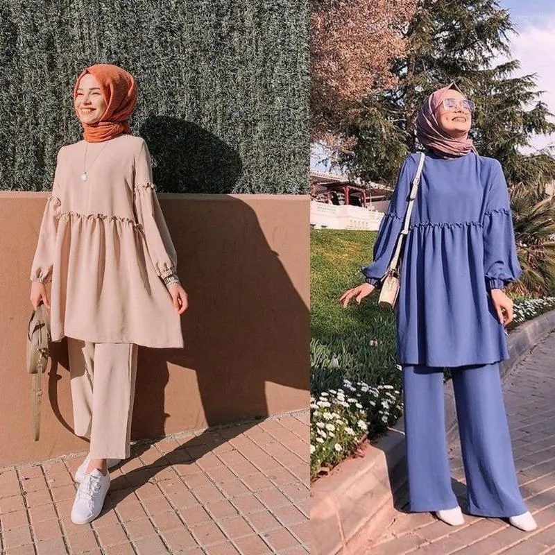 Abbigliamento etnico Musulmano Set 2 pezzi Donna Abaya Dubai Top e pantaloni larghi Caftano Emirati Arabi Uniti Pakistan Turchia Preghiera africana Ramadan islamico