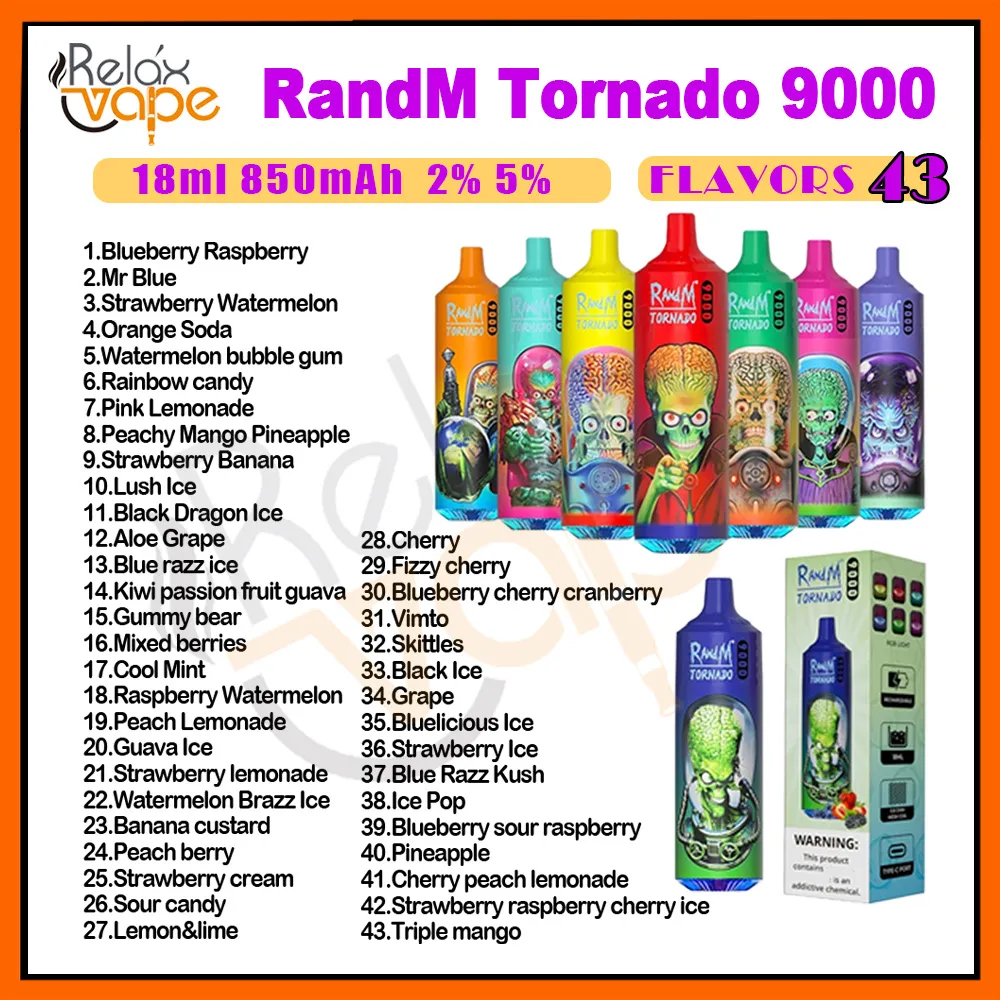 Original RandM Tornado 9000 Puff Jetable Vape E Cigarettes 0.8ohm Mesh Coil 18ml Pod Batterie Rechargeable Électronique Cigs Puffs 9K 2% 5% Cartouche Light Device stock