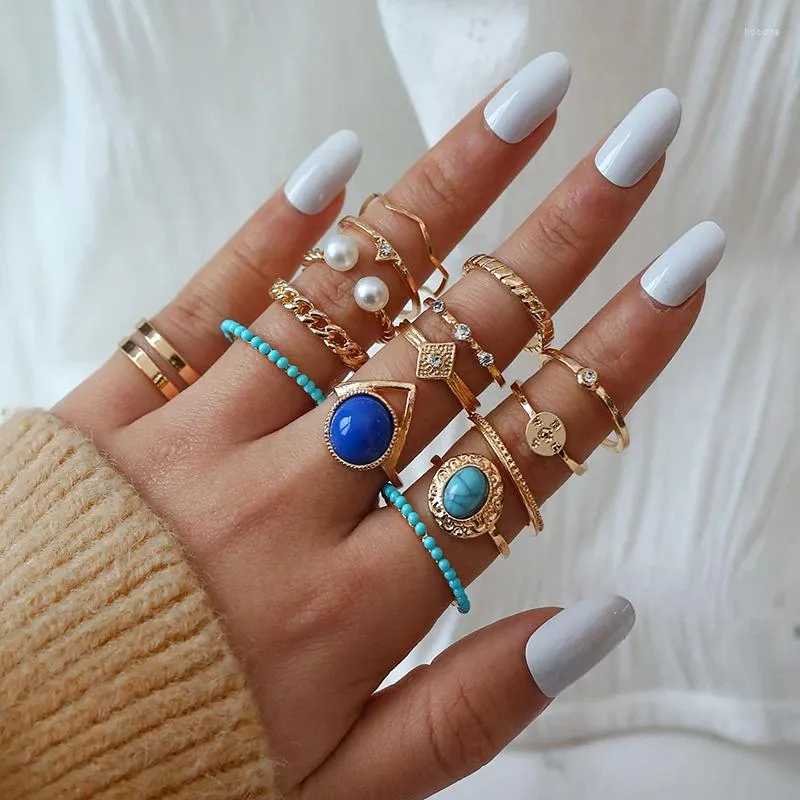 Cluster Rings 15Pcs/Set Boho Trendy Gold Colour Geometric Bule Stone Ring Set For Women Retro Turquoise Wedding Party Jewelry Friend Gift