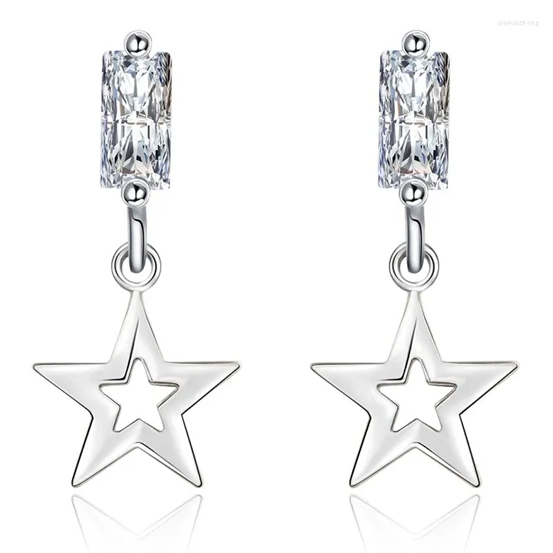 Dangle Earrings Star Pentagram Bling Cubic Zirconia Silver Color Drop For Women Trendy Chandelier Glitter Shiny Jewelry SD2267