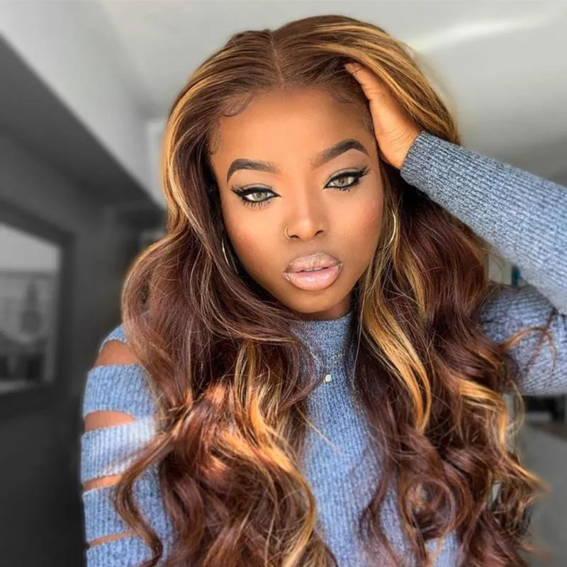 Lace Wigs Highlight Perruque Brésilienne Corps Vague Avant Cheveux Humains Ombre Coloré 30 Pouces Frontal Pour Les Femmes Noires