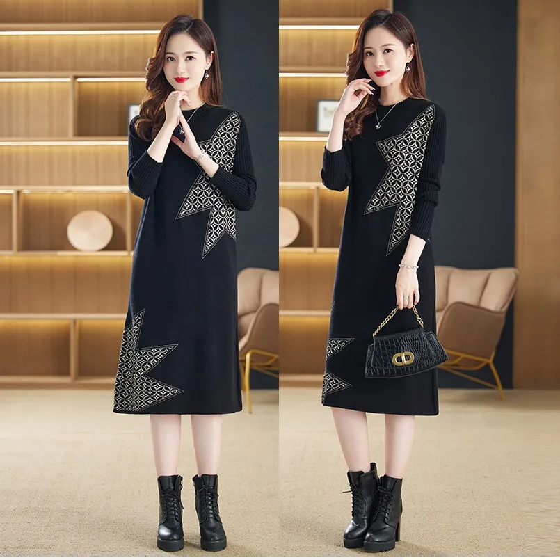 Winter Vintage Print Black Knitted Dress Women Designer Long Sleeve O-Neck Vacation Sweaters Dresses 2023 Spring Autumn Chic Runway Slim Soft Warm Party Midi Frocks