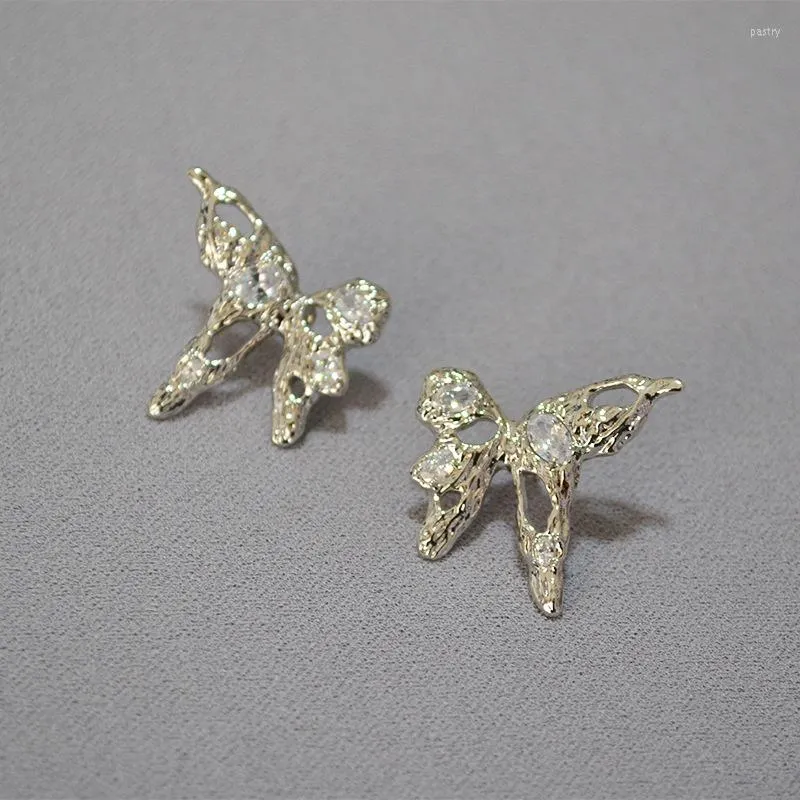 Stud Earrings European And American Creative Design Metal Texture Liquid Butterfly Zircon Flash 925 Silver Needle