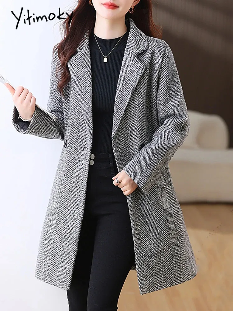 Women's Wool Blends Yitimoky Vintage Long Jacket For Women Fall Winter 2023 Korean Fashion Casual Coats Office Ladies Slim Sleeve 231124