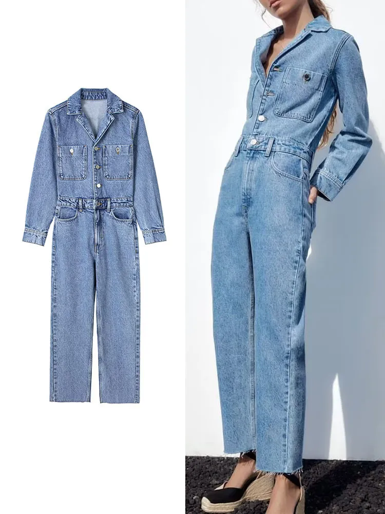 Women's Jumpsuits Rompers TRAF Denim Jumpsuits For Women Clothing Vintage Long Sleeve Woman Rompers Cowboy Bodysuit Zipper Jumpsuit Combinaison 230426