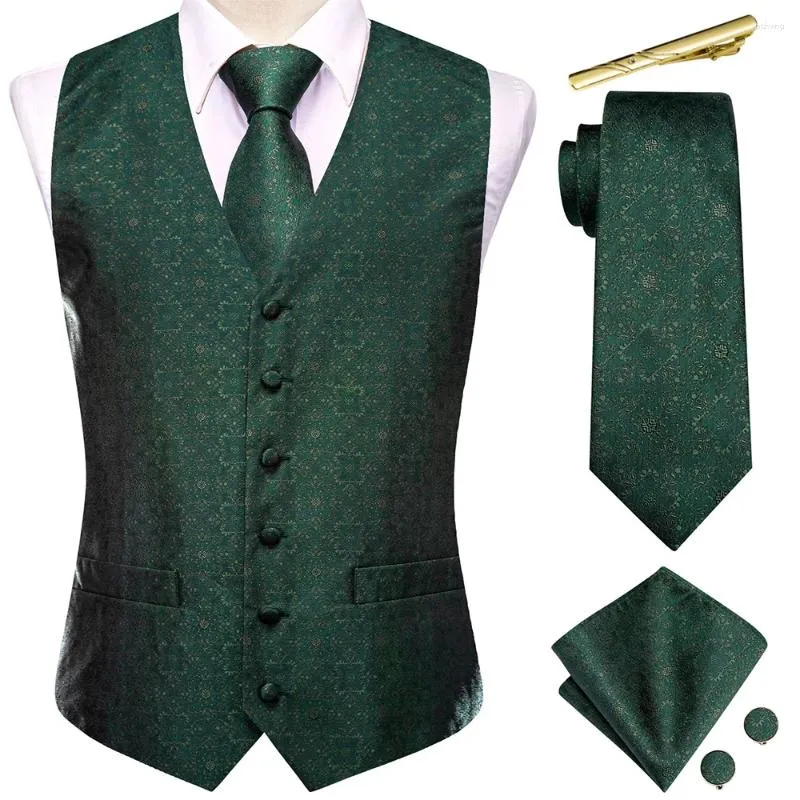 Gilet da uomo Classico da uomo Cravatta di seta verde scuro Set senza maniche Gilet occidentale Giacca Cravatta Fazzoletto Gemelli Matrimonio Business Hi-Tie