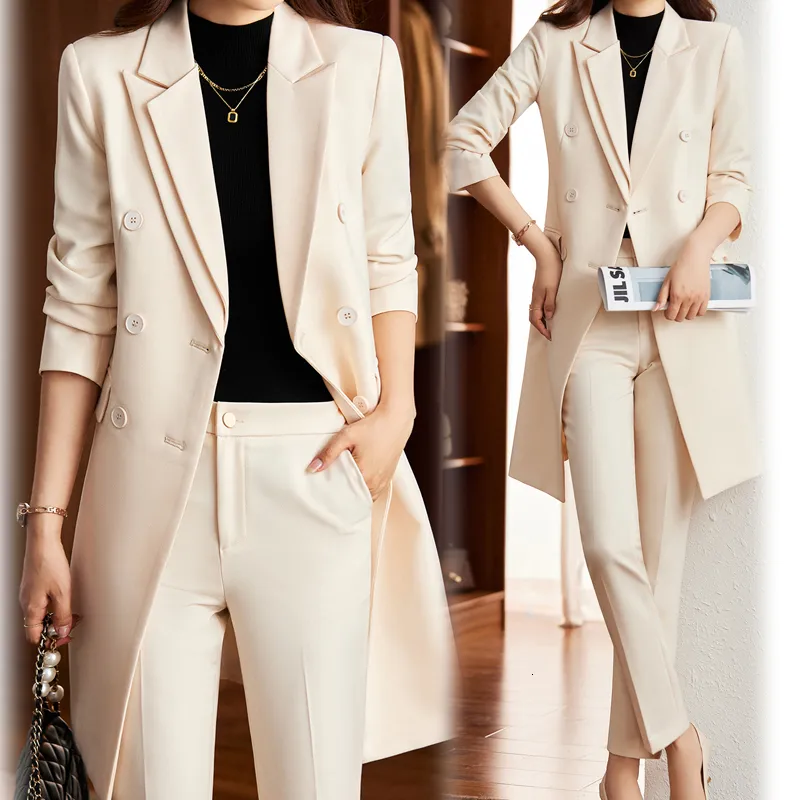 Women's Suits Blazers Khaki High Quality Autumn Winter Formal Ladies Lengthen Blazer Women Business Suits Work Wear Office Uniform Pants Jacket Sets 230426