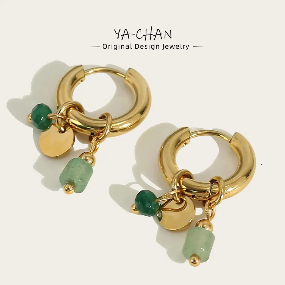Stud YACHAN 18K plaqué or en acier inoxydable boucles d'oreilles pour femmes Vintage vert pierre naturelle charmes à la mode bijoux imperméables 231124