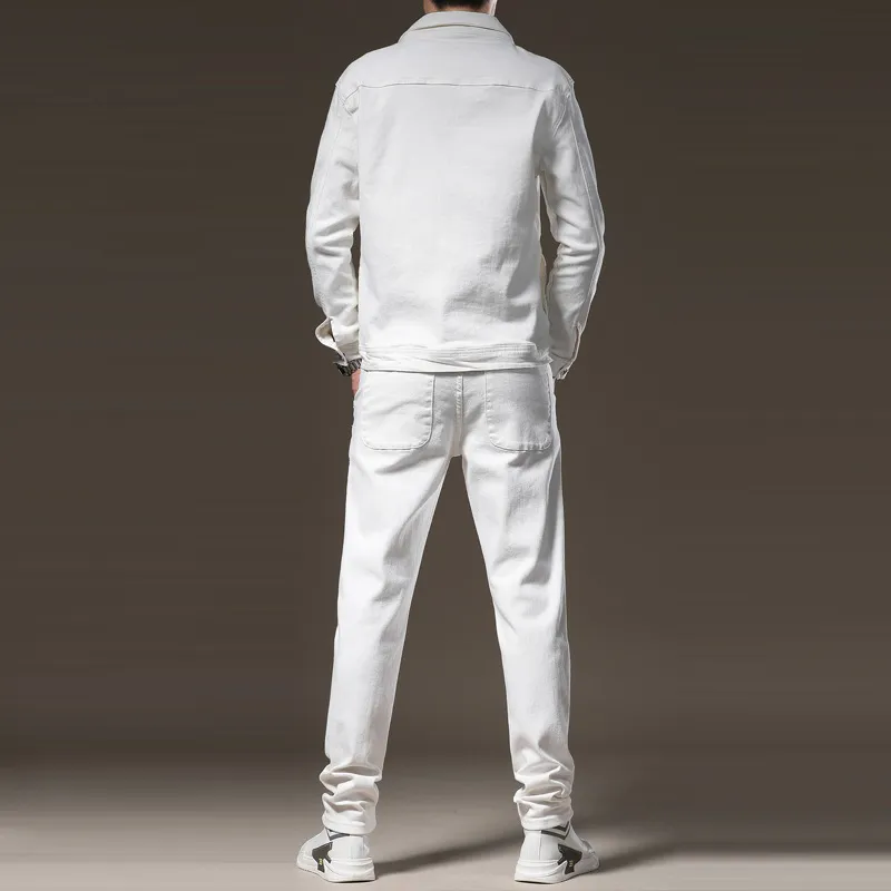 Mens White Stretch Jeans Set Slim Fit Long Sleeve Mens Coats And Jackets  And Pants For Spring And Autumn Set In Sizes M 5XL From Qbilp, $68.26