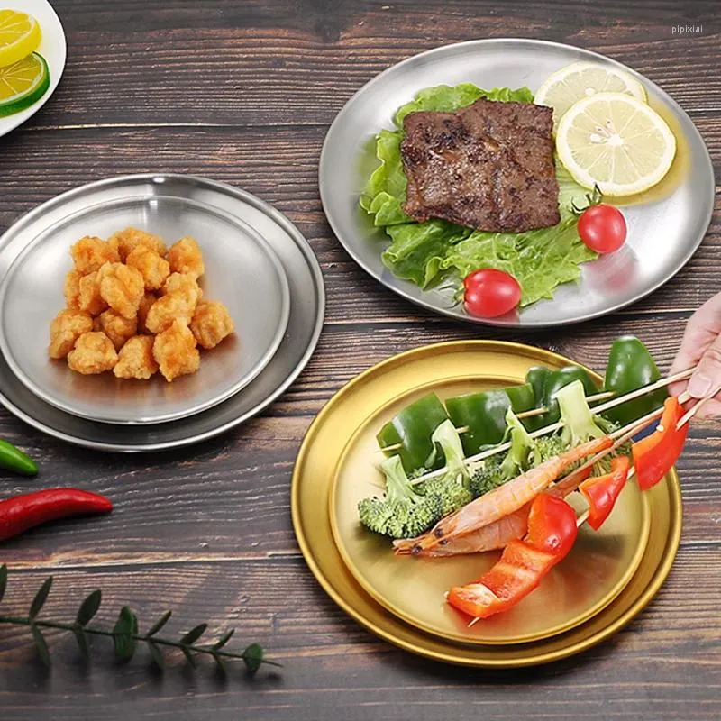 Platen Koreaans roestvrij staal verdikte plaat Gouden schijf Cafe dienblad Ronde fruitcake Steak Ondiep BBQ-servies Schotel
