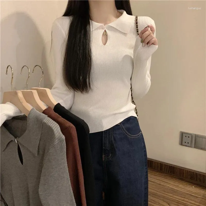 Camisolas femininas Outono Real Pos Mulheres Malha Manga Completa Polo Collar Hollow Out Slim Top High Stretch Knit T Shirt