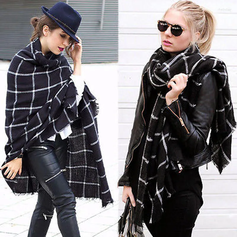 Foulards Dame Femmes Couverture Noir Blanc Plaid Cosy Checked Tartan Scarf Wraps Shawl