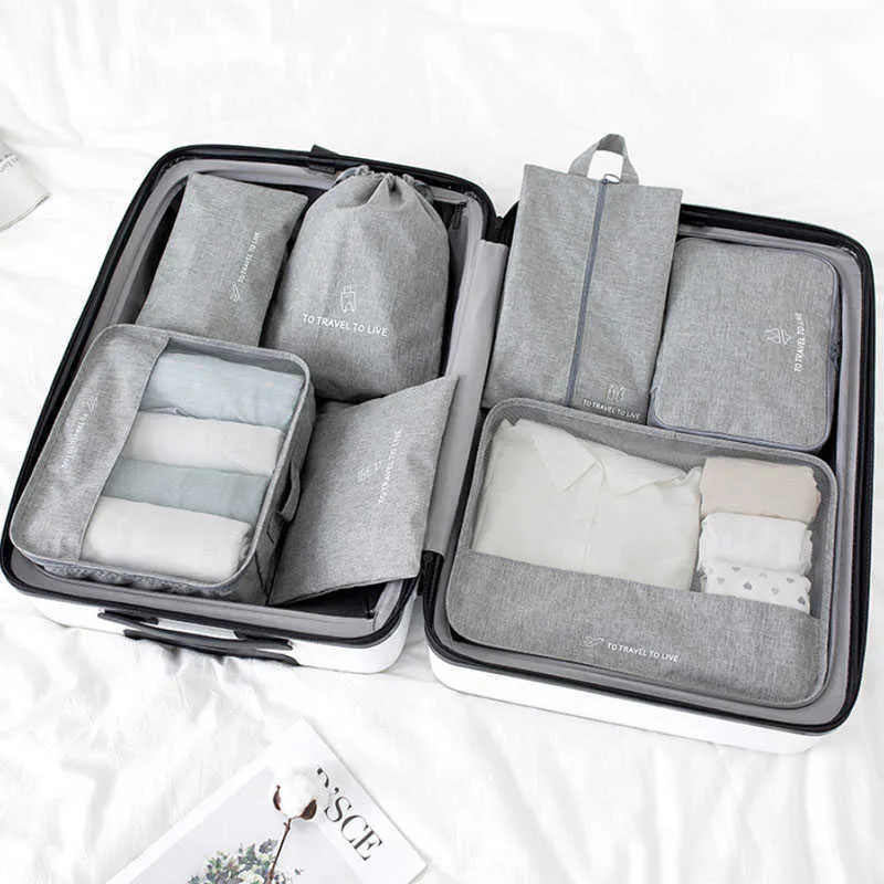 Backpacking packar nya resor 7 st/set resväska arrangör bagage resväska förpackning kub 2021 sko kläder förvaringspåsar för resande påse kit w0425