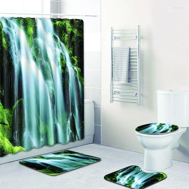 Bath Mats Waterfall Printed Polyester Shower Curtain Bathroom Waterproof With 10 Hooks Pedestal Rug Lid Toilet Cover Mat Set