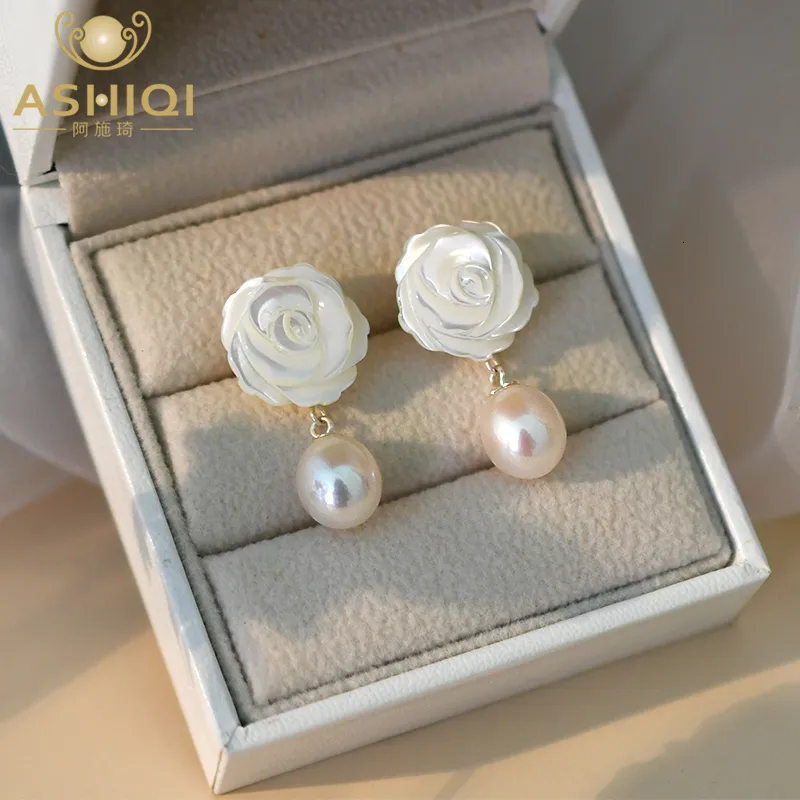 Stud Ashiqi Natural Freshwater Pearl Shell Flower oorbellen 925 Sterling zilveren handgemaakte sieraden voor vrouwen cadeau 230425