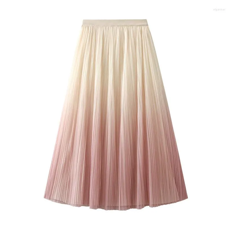 Röcke Elegante allmähliche Farbe Falten Halbrock Sommerprodukte Leichter Luxus Tüll mit hoher Taille A-Linie für Frauen 0872