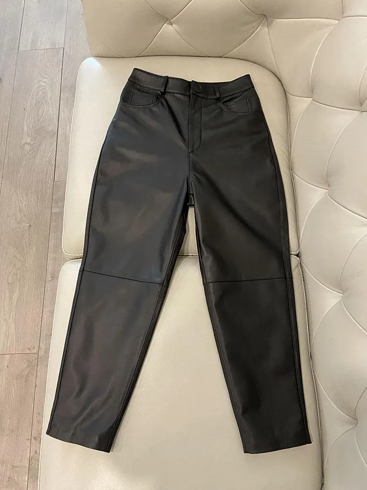 Capris pantalon noir femmes nouvelle mode coréenne printemps taille haute véritable pantalon en cuir véritable grande taille Style décontracté