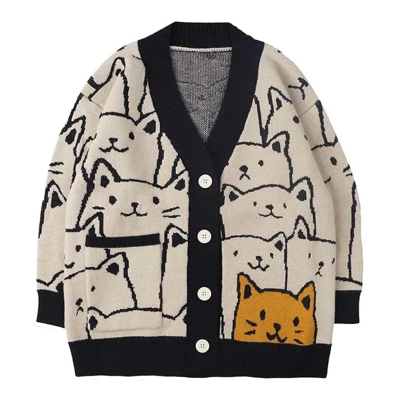 Suéter dos homens Harajuku Cartoon Cat Cardigan Sweater Homens Streetwear Padrão College Knitwear Casual Malha Japonesa Jaqueta Mulheres Unissex 231127