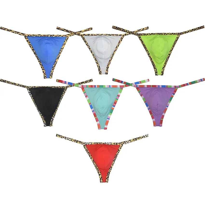 Erkekler bağlayıcı leopar tanga g-string iç çamaşırı ince buz ipek hipster sissy mini bikini mikro gövdeler tangas