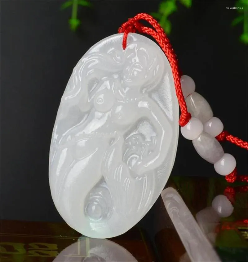 Anhänger Halsketten Chinesische handgemachte natürliche weiße afghanische Stein geschnitzt Charme nackte Meerjungfrau Glück Jade Amulett Halskette Mode Geschenk Schmuck