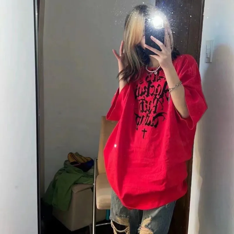Damen T-Shirt HOUZHOU Vintage Trashy Y2k T-Shirt Damen Kurzarm Streetwear 90er Jahre Übergroße T-Shirts Korean Fashion Hippie Red Top Kpop T-Shirts 230427