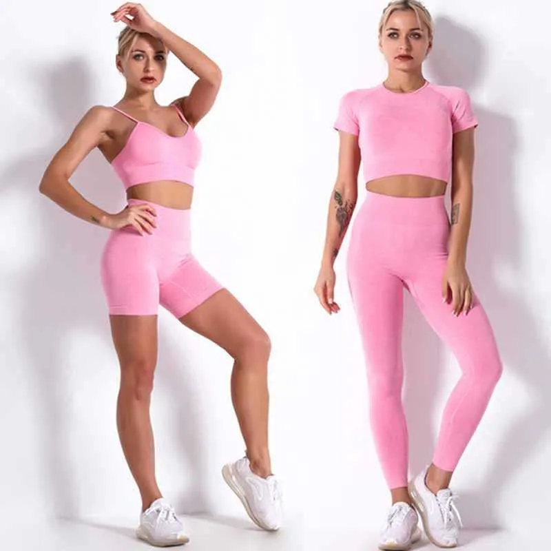 Yoga Outfit 2/4 STÜCKE Nahtlose Frauen Yoga Set Sport Shorts Hohe Taille Leggings GymT-Shirts Laufende Sportbekleidung Trainingskleidung Gym Anzüge P230504