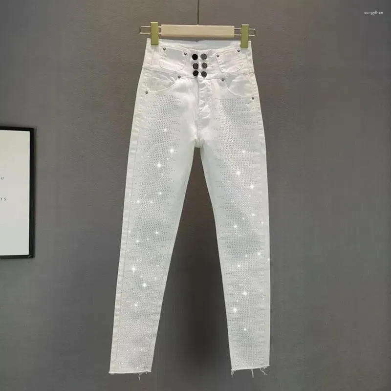 Women's Jeans Fashion White Women's 2023 Summer Elastic Slim Ankle Length Pencil Pants Ladies Skinny Rhinestone Denim Trousers Female