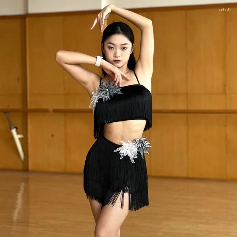 Stage Wear Sexy Black Latin Dance Clothing Female Fringed Tops Skirt Adults Samba Rumba Chacha Costume Women Party SL8793